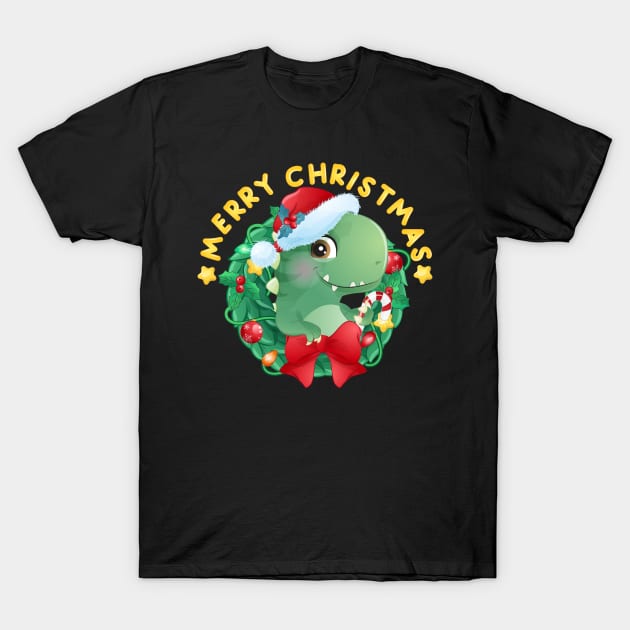 Cute Christmas Dinosaur With Santa Hat T-Shirt by P-ashion Tee